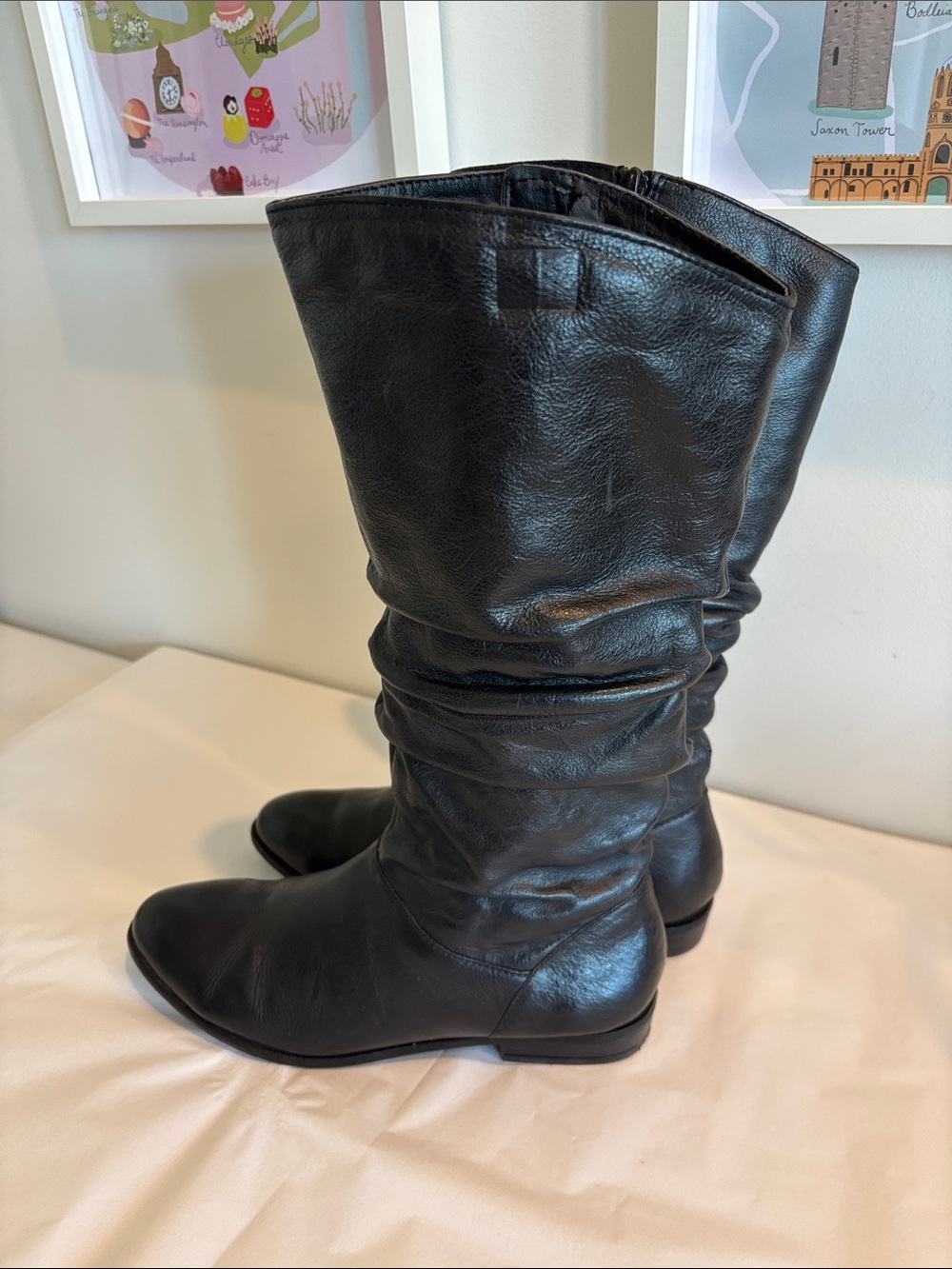 ALDO Black faux Leather slouchy Mid-Calf Boots side zipper round toe flats sz 8 - Picture 6 of 17